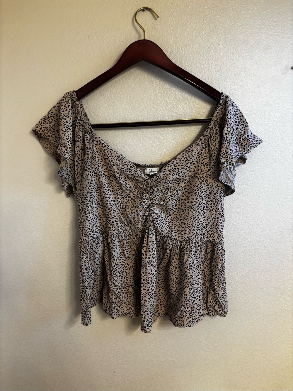 Japna Leopard Print Ruffle Sleeve Peplum Blouse in Beige Size XL